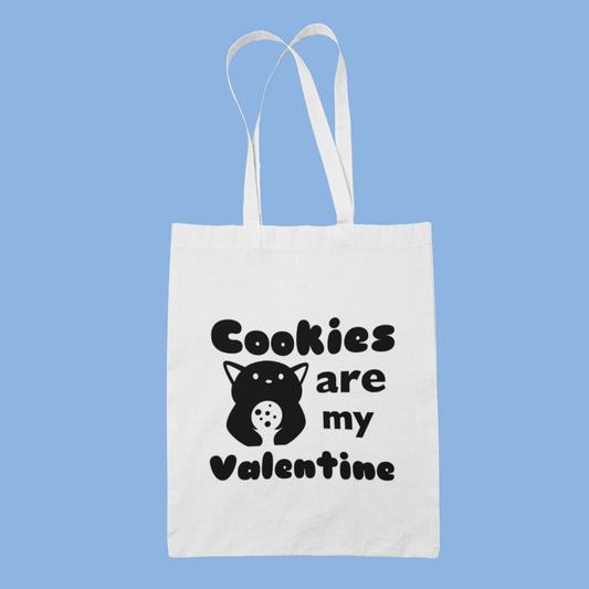 Eine Weiße Bauwolltasche mit der aufschrift, Cookies are my Valentine