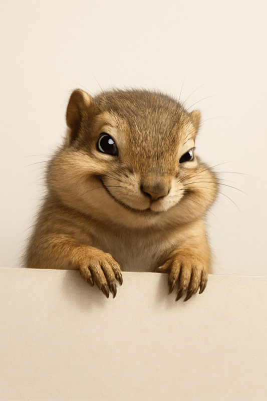 Ein extrem niedliches, flauschiges Nagetier mit dicken, runden Pausbacken schaut mit einem breiten, verschmitzten Lächeln über den Rand einer hellen Fläche. Es hat große, glänzende Augen und hält sich mit seinen kleinen Pfoten am Rand fest, während es den Betrachter direkt und freundlich anstrahlt.