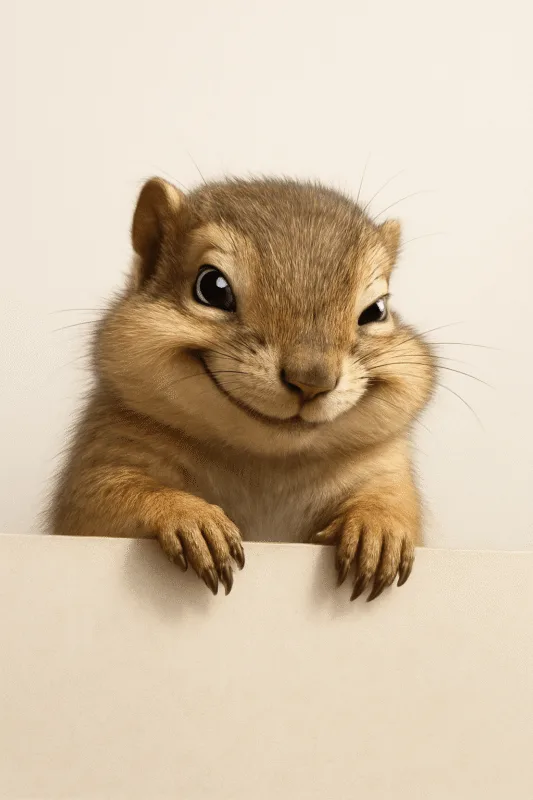 Ein extrem niedliches, flauschiges Nagetier mit dicken, runden Pausbacken schaut mit einem breiten, verschmitzten Lächeln über den Rand einer hellen Fläche. Es hat große, glänzende Augen und hält sich mit seinen kleinen Pfoten am Rand fest, während es den Betrachter direkt und freundlich anstrahlt.