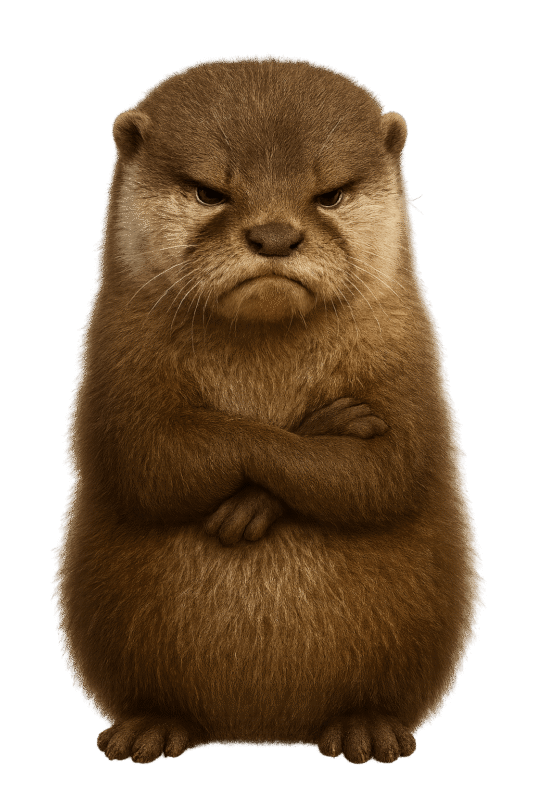 Ein flauschiger, brauner Otter steht mit grimmigem Gesichtsausdruck und verschränkten Ärmchen da. Sein Blick ist herrlich schlecht gelaunt und entschlossen, was ihm einen extrem drolligen und ehrlichen Charakter verleiht.
