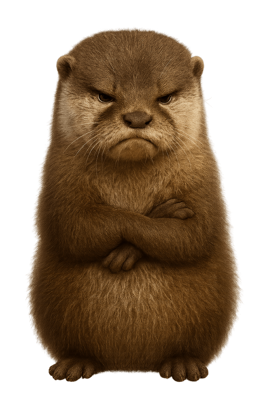 Ein flauschiger, brauner Otter steht mit grimmigem Gesichtsausdruck und verschränkten Ärmchen da. Sein Blick ist herrlich schlecht gelaunt und entschlossen, was ihm einen extrem drolligen und ehrlichen Charakter verleiht.