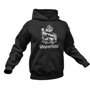 Schwarzer Hoodie mit einem weißen Anker-Motiv, das von einem Banner mit dem Wort „Perfekt“ umschlungen wird, während darunter der Schriftzug „Unperfekt“ in einer verspielten Schrift steht.