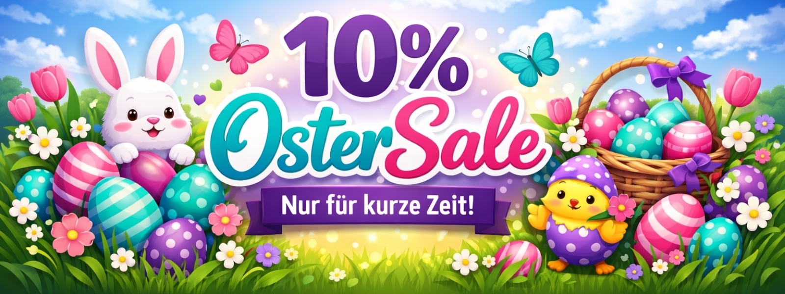 „Bunter Oster-Sale-Banner im Querformat mit fröhlichem Hasen, Küken und einem prall gefüllten Osternest voller dekorierter Eier. In der Mitte leuchtet groß ‚10% OsterSale‘ über einer blühenden Frühlingswiese voller Blumen und Schmetterlinge — fröhlich, farbenfroh und absolut zum Schnäppchenhüpfen motivierend!