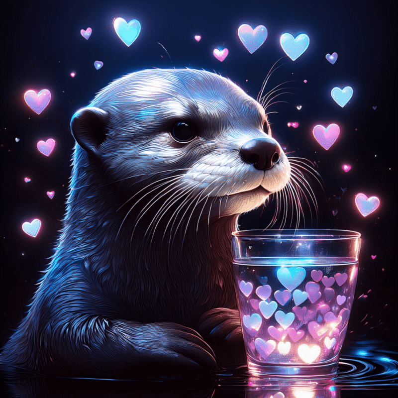 Ein niedlicher, digital illustrierter Otter blickt verträumt zur Seite, während er vor einem Glas voller leuchtender Herzen sitzt. Die Szene ist in magischen Blau- und Pinktönen gehalten, wobei schwebende, neonfarbene Herzen den Otter in einer dunklen, nächtlichen Umgebung umgeben.