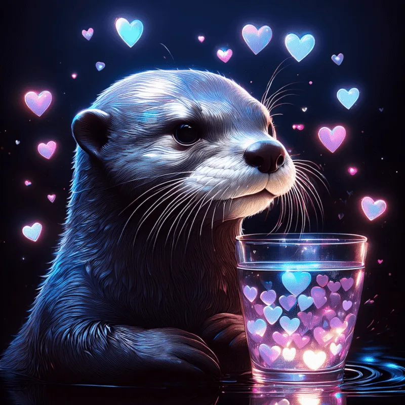 Ein niedlicher, digital illustrierter Otter blickt verträumt zur Seite, während er vor einem Glas voller leuchtender Herzen sitzt. Die Szene ist in magischen Blau- und Pinktönen gehalten, wobei schwebende, neonfarbene Herzen den Otter in einer dunklen, nächtlichen Umgebung umgeben.