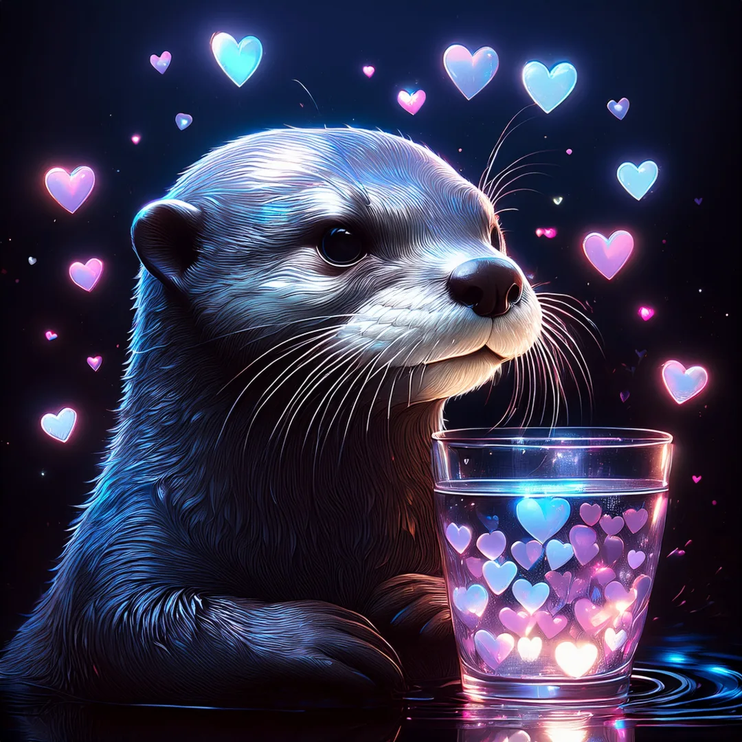 Ein niedlicher, digital illustrierter Otter blickt verträumt zur Seite, während er vor einem Glas voller leuchtender Herzen sitzt. Die Szene ist in magischen Blau- und Pinktönen gehalten, wobei schwebende, neonfarbene Herzen den Otter in einer dunklen, nächtlichen Umgebung umgeben.