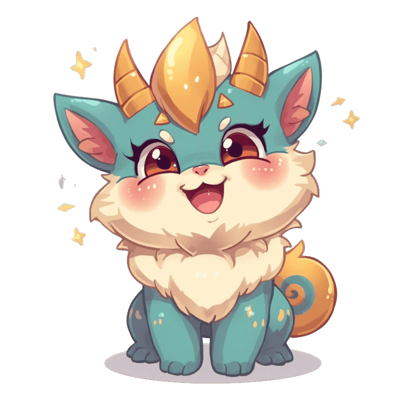 Niedliches, türkisfarbenes Fantasy-Tier mit großen glänzenden Augen, flauschigem cremefarbenem Fell, kleinen Hörnern und einem goldenen Stirnhorn, fröhlich sitzend und von funkelnden Sternchen umgeben.