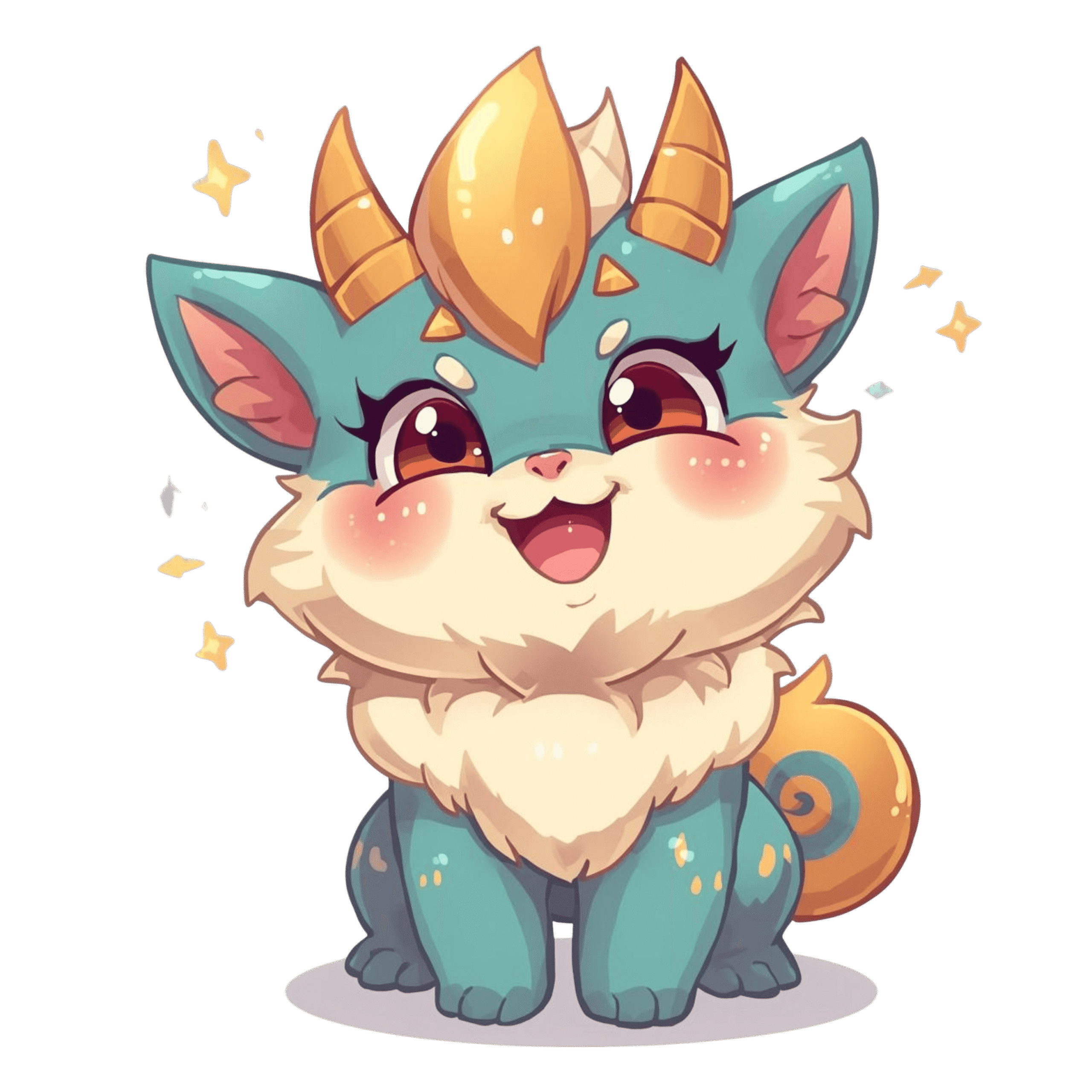 Niedliches, türkisfarbenes Fantasy-Tier mit großen glänzenden Augen, flauschigem cremefarbenem Fell, kleinen Hörnern und einem goldenen Stirnhorn, fröhlich sitzend und von funkelnden Sternchen umgeben.