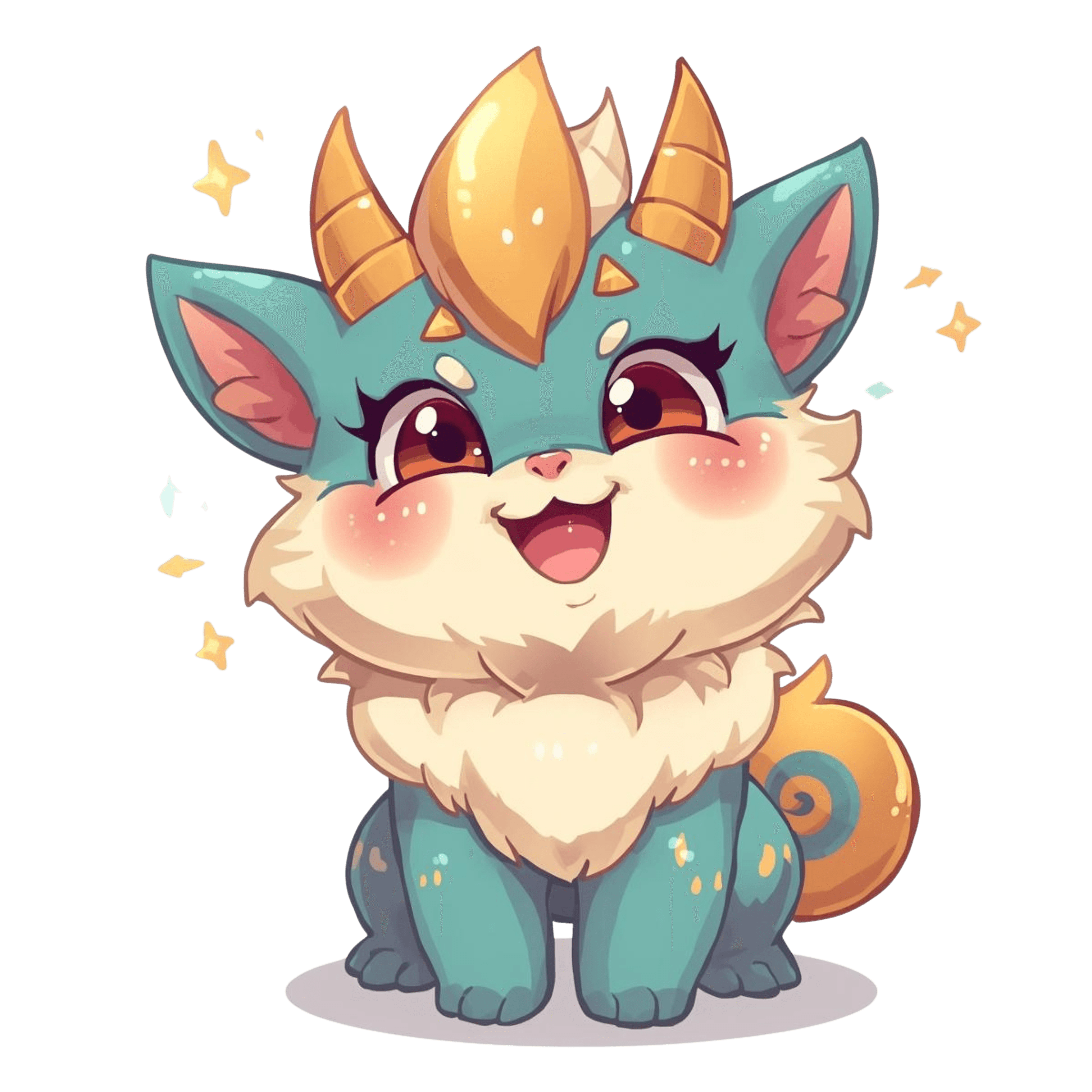 Niedliches, türkisfarbenes Fantasy-Tier mit großen glänzenden Augen, flauschigem cremefarbenem Fell, kleinen Hörnern und einem goldenen Stirnhorn, fröhlich sitzend und von funkelnden Sternchen umgeben.