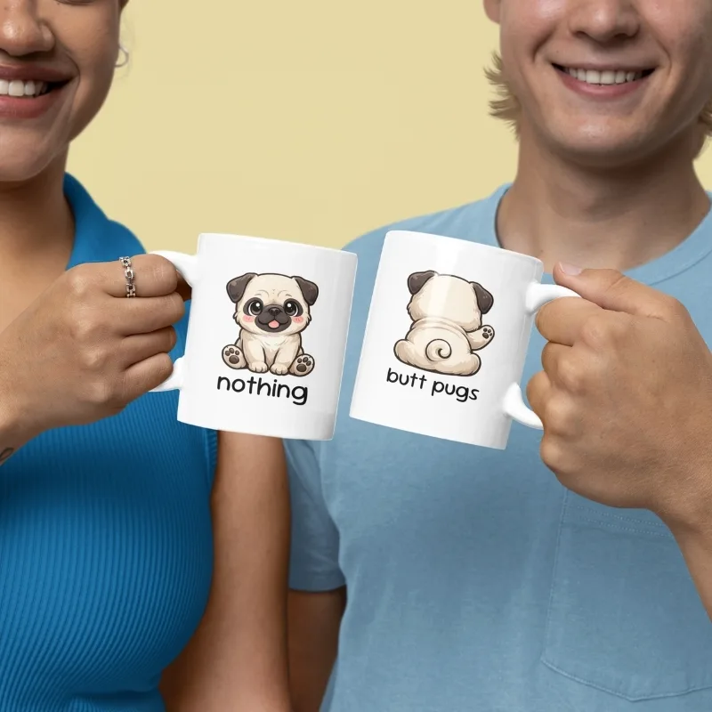 „Süßes Cartoon-Mops-Design mit Wortspiel ‚nothing butt pugs‘ – lustiges Hundemotiv für Mops-Fans“
