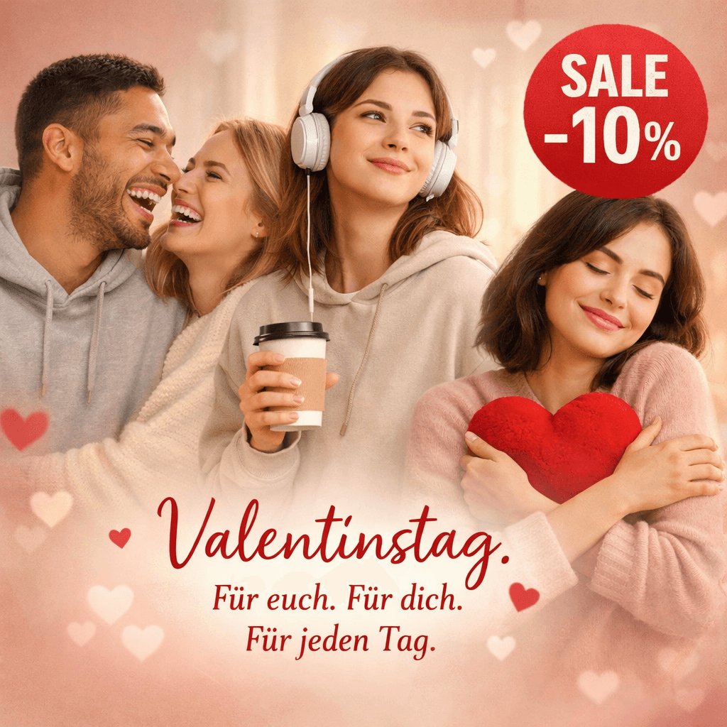 „Valentinstags-Sale Motiv mit warmem roséfarbenem Hintergrund: Links lacht ein Paar entspannt miteinander, in der Mitte steht eine selbstbewusste Person mit Coffee-to-go und Kopfhörern, rechts umarmt eine Person ein rotes Herz-Kissen. Darüber steht der Text ‚Valentinstag ist, was du draus machst‘. Ein rotes Badge zeigt ‚Sale −10 %‘, unten ein Button mit der Aufschrift ‚Jetzt shoppen‘. Stimmung: modern, liebevoll und inklusiv.“„Valentinstags-Sale Motiv mit warmem roséfarbenem Hintergrund: Links lacht ein Paar entspannt miteinander, in der Mitte steht eine selbstbewusste Person mit Coffee-to-go und Kopfhörern, rechts umarmt eine Person ein rotes Herz-Kissen. Darüber steht der Text ‚Valentinstag ist, was du draus machst‘. Ein rotes Badge zeigt ‚Sale −10 %‘, unten ein Button mit der Aufschrift ‚Jetzt shoppen‘. Stimmung: modern, liebevoll und inklusiv.“