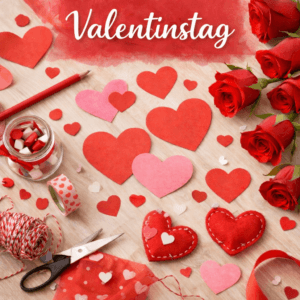 Valentinstag-Bastelszene auf hellem Holztisch mit roten und rosa Papierherzen, Schere, rotem Bleistift, Garn, Glas mit Dekoherzen und roten Rosen am Rand; oben steht die Überschrift „Valentinstag“.