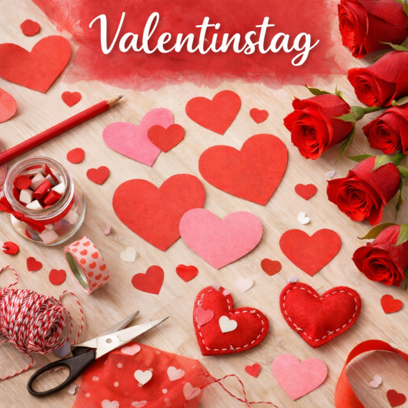 Valentinstag-Bastelszene auf hellem Holztisch mit roten und rosa Papierherzen, Schere, rotem Bleistift, Garn, Glas mit Dekoherzen und roten Rosen am Rand; oben steht die Überschrift „Valentinstag“.