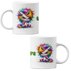 Zwei freche, bunt leuchtende Einhörner mit Regenbogenmähne und dem Namen Lotte als personalisierbares Panorama-Motiv auf einer Tasse