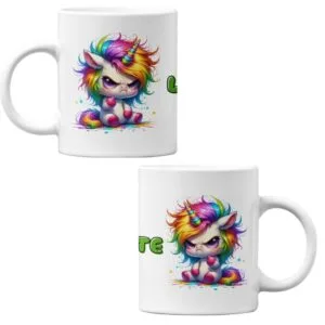 Zwei freche, bunt leuchtende Einhörner mit Regenbogenmähne und dem Namen Lotte als personalisierbares Panorama-Motiv auf einer Tasse