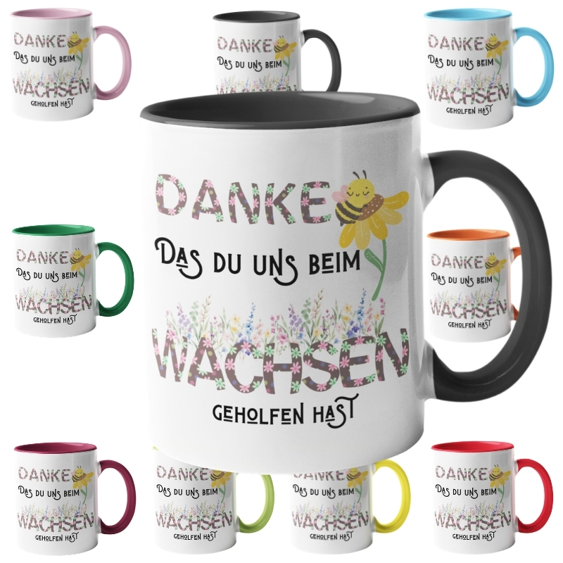 Tasse mit schwarzen Henkel und Rand, bedruckt mit dem Spruch „Danke, dass du uns beim Wachsen geholfen hast“, verziert mit Blumen und einer niedlichen Biene