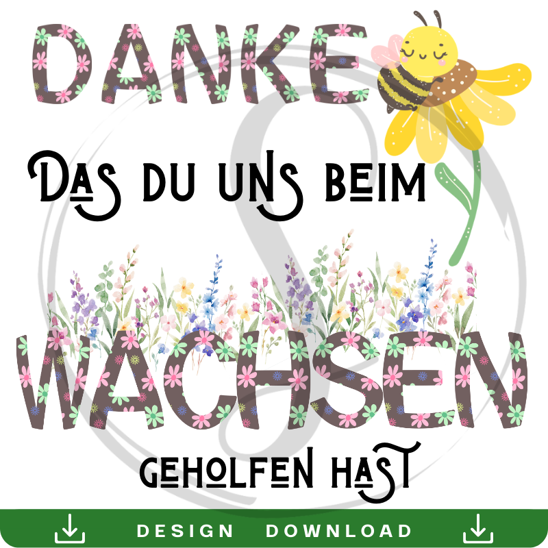 Digitale Druckvorlage im Boho-Stil: Florales Design mit dem Spruch ‚Danke, dass du uns beim Wachsen geholfen hast‘. Aquarell-Blumen in Erdtönen für DIY-Abschiedsgeschenke für Erzieher, Lehrer und Tagesmütter. Quadratisches 1:1 Format, SVG und PNG Download.