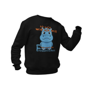 Ein blaues, grimmiges Cartoon-Nilpferd auf schwarzem Grund, darüber der Text „Ich guck wie ich will“, darunter der Schriftzug „das nennt man Fressefreiheit“ in Orange und Blau.