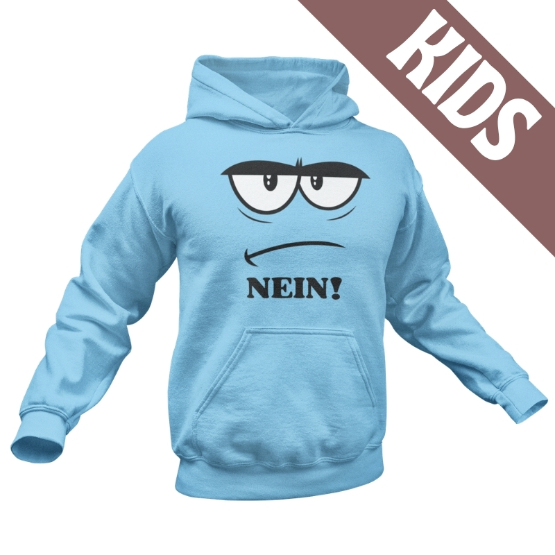 Hellblauer Kids Hoodie mit genervtem Gesicht und „NEIN!“-Aufdruck vorne, mit Kapuze und Känguru-Tasche