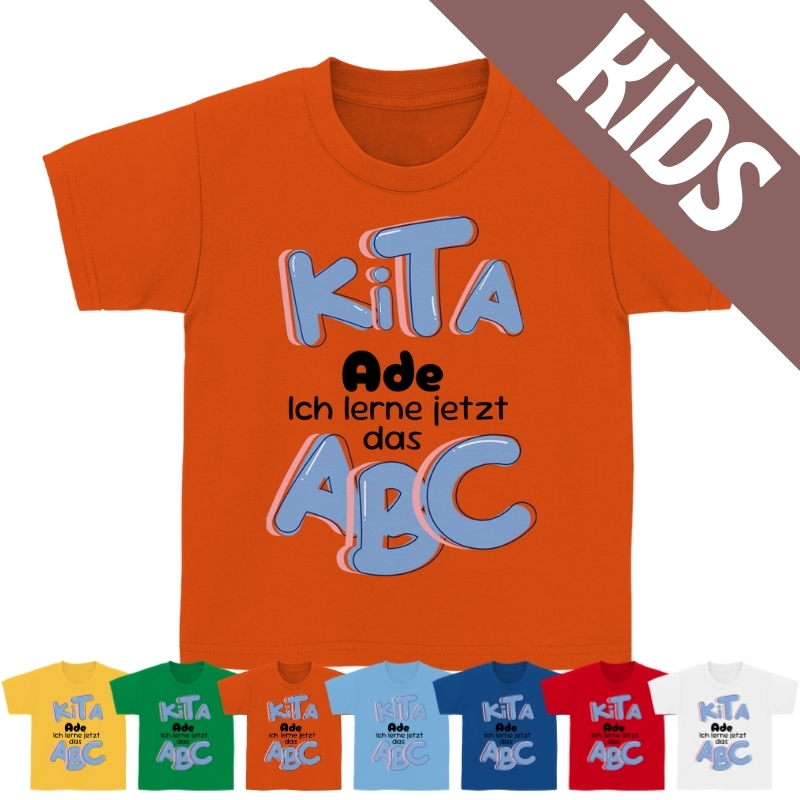 Buntes Kinder T-Shirt mit verspieltem „KiTa ABC“ Schriftzug in blauer Bubble-Schrift mit rosa Schatten auf transparentem Hintergrund