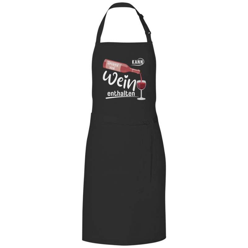 Küchenschürze mit lustigem Wein-Spruch „Spuren von Wein enthalten“ und Weinflaschen-Motiv mit eingeschenktem Rotwein in ein Glas
