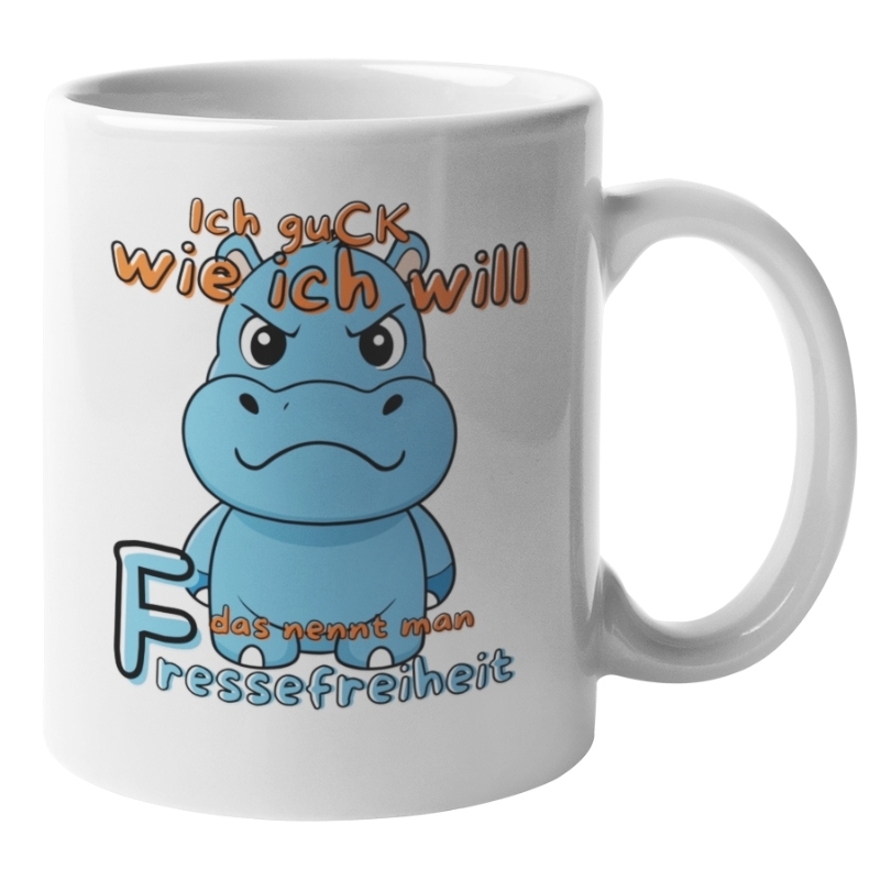 llustration eines hellblauen, grimmig schauenden Comic-Nilpferds auf schwarzem Hintergrund mit dem Text „Ich guck wie ich will – das nennt man Fressefreiheit“ in Orange und Blau.