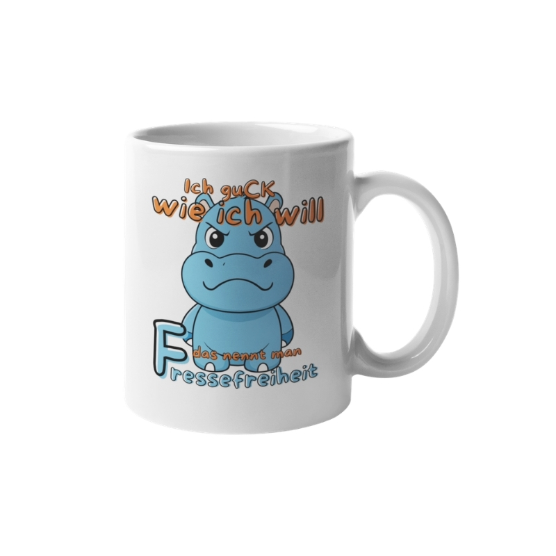 llustration eines hellblauen, grimmig schauenden Comic-Nilpferds auf schwarzem Hintergrund mit dem Text „Ich guck wie ich will – das nennt man Fressefreiheit“ in Orange und Blau.